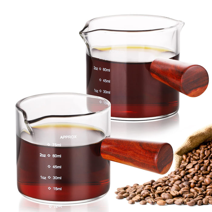 Espresso Cups with Wood Handle, Double Spout Glass Measuring Cup