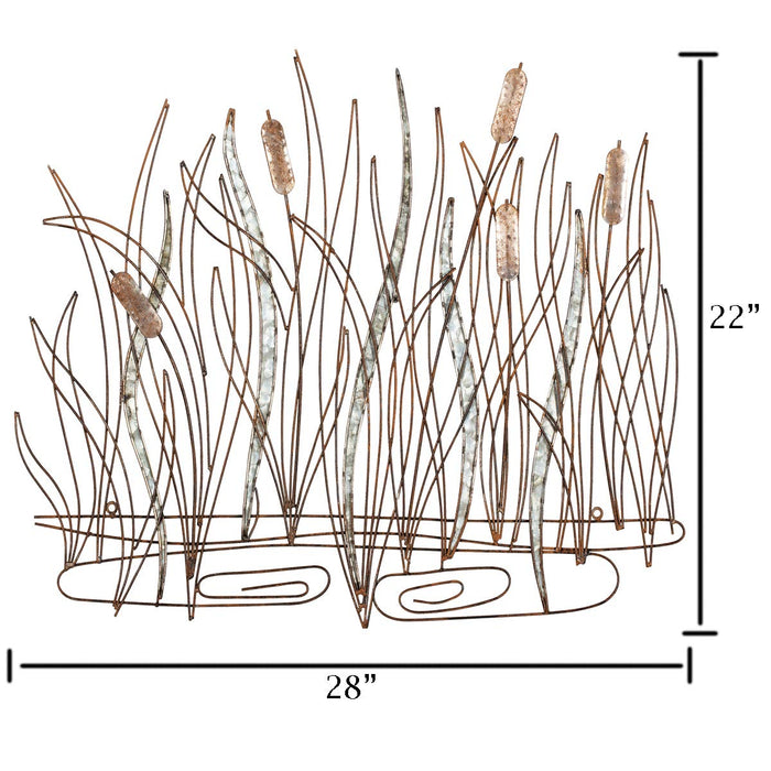 KUWIVO Metal Wall Decor with Leaves Galvanized 28 W x 22 H Wire Wall Art Cattails Bulrush Reeds Sculptures,Distressed Rust