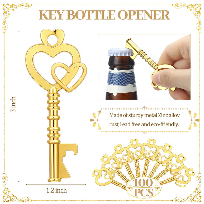 100 Pcs Double heart Key Bottle Opener Wedding Party Favor Souvenir with 100 Pcs Treat Box Escort Tag and 20 Meters Jute Rope Key