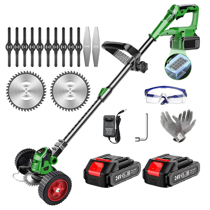 Cordless String Trimmer, Battery Powered 24V Grass Trimmer with 2 PCS 2.0Ah Batteries and 3Types Blades, for Lawn, Yard and Bush Trimming (Green)