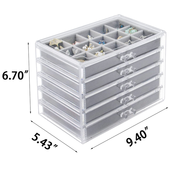 Watpot Acrylic Jewelry Box with 5 Drawers, Clear Earring Storage Organizer  Display Case for Women Girls, Gray