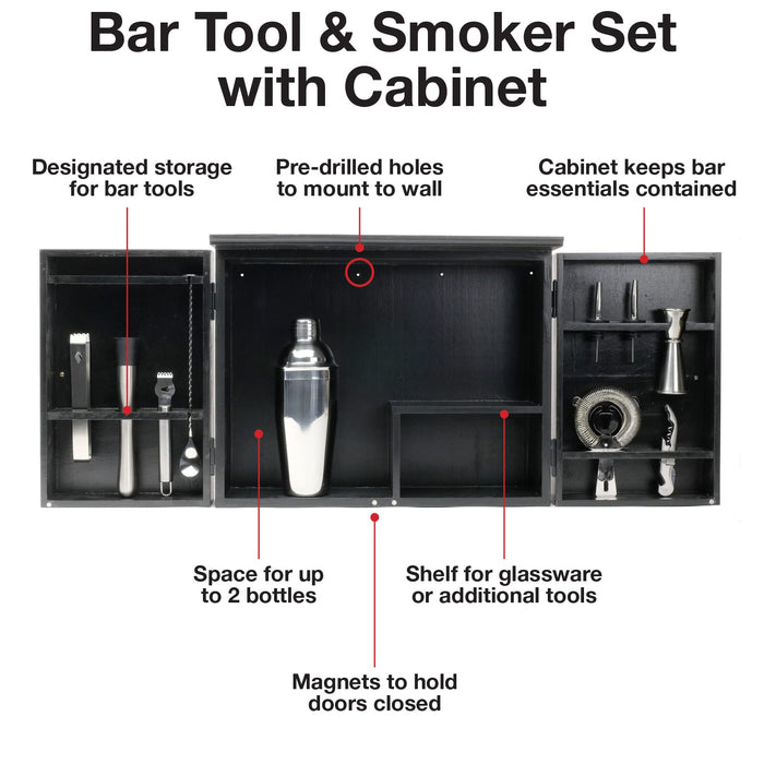 Excello Global Products Barndoor Bartenders Cabinet with 16 Piece Bar Tool Set: The Perfect Kit for Home Bartenders (Black)