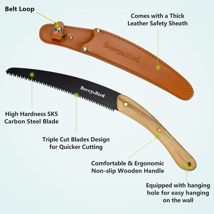 Berry&Bird Hand Pruning Saw, 10-Inch Curved Blade Pruning Saw, Hand Saw with SK-5 Carbon Steel Blade & Ergonomic Wooden Handle, Wood Pruning Saw with Leather Safety Sheath for Trimming Wood, Camping