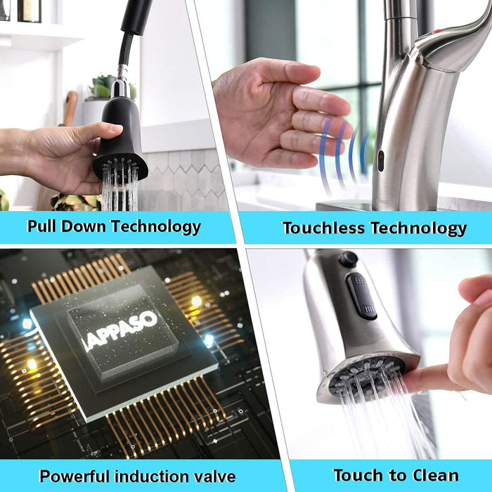 APPASO Touchless Kitchen Faucet with Pull Down Sprayer Brushed Nickel, Motion Sensor Activated Hands-Free Kitchen Faucet, Inducing Single Handle Smart Kitchen Sink Faucet