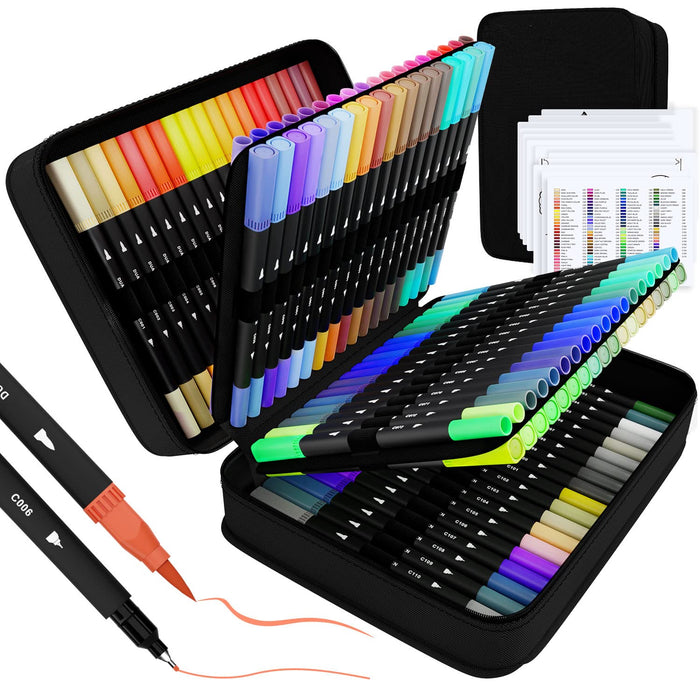 Sunacme Art Supplier Dual Brush Markers Pen, 110 Artist Coloring Marker  Set, Fineliner & Brush Tip Pens with Premium Case for Adults Coloring Books  