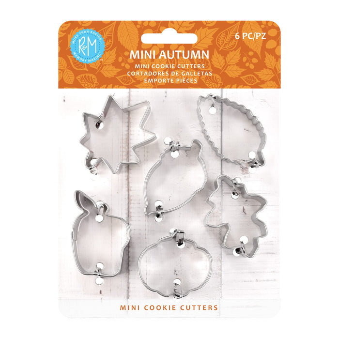 R&M International Mini Autumn Leaf Cookie Cutters, Acorn, Pumpkin, Oak, Maple, Aspen, Apple, 6-Piece Set in Tin