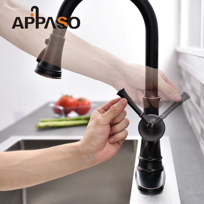APPASO Kitchen Faucet with Pull Down Sprayer, Oil Rubbed Bronze Single-Handle High Arc Single Hole Pull Out Kitchen Sink Faucets with Escutcheon