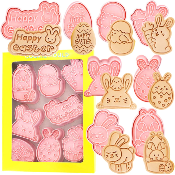 Crethinkaty Easter Cookie Cutter Set, 8pcs 3D Pressable Easter Biscuit Cutters Set - Happy Easter Bunny,Happy easter eggs