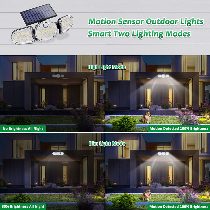 Kurifier Solar Outdoor Lights, 161LED Bright Flood Lights Outdoor, 3Head Motion Sensor Outdoor Lights Solar Powered, Adjustable Security Waterproof LED Solar Lights for Front Door Garage Yard 2Packs