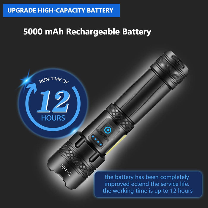 JAY-PARK Flashlights High Lumens Rechargeable, Super Bright High Power LED Tactical Flashlight 100000 Lumen, Powerful Zoomable Handheld USB Flash Ligh