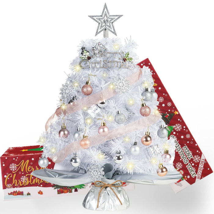 20" Mini White Christmas Tree, Artificial Mini Christmas Tree with Lights, Tabletop Christmas Tree with Star Treetop Snowflake Boxes and Ball Ornaments for DIY Christmas Decoration s (White)