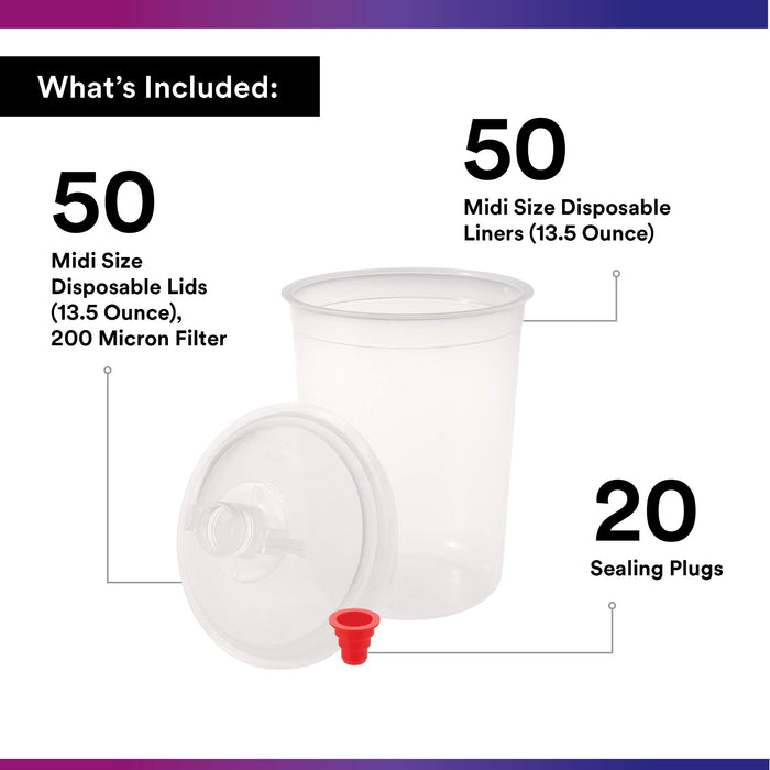 3M PPS (Original Series) Paint Spray Gun Cup Lids and Liners Kit, 16112, Midi, 13.5 oz, 200-micron Filter, Use w/ Paint Gun for Cars, Furniture, Home, 50 Disposable Lids and Liners, 20 Sealing Plugs