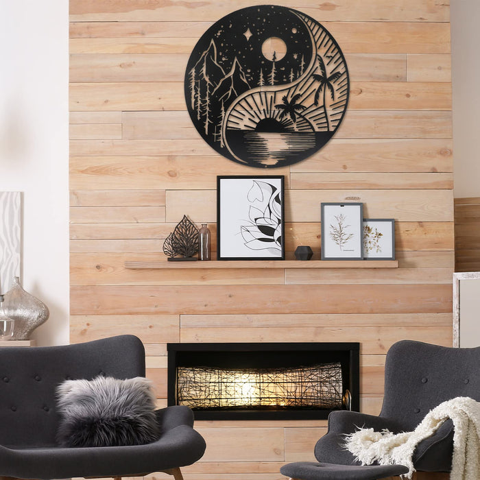 Moon Sun and Stars Wall Plaque Metal Tree Life Wall Art Rustic Metal Yin Yang Sign Forest Trees and Mountains Wall Hangings