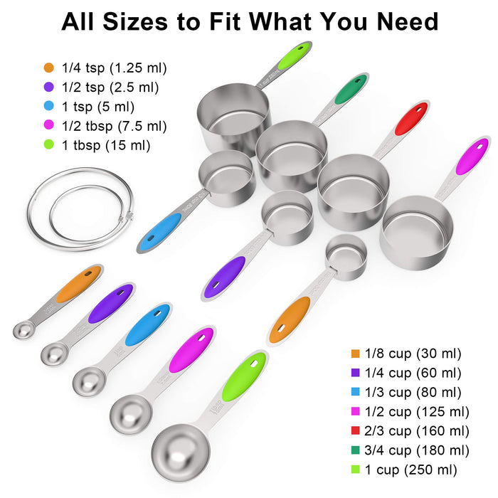 Measuring Cups and Spoons Set Includes 5 Stainless Steel Measuring Cups 7  Magnetic Measuring Spoons and 1 Leveler for Dry or Liquid Ingredients