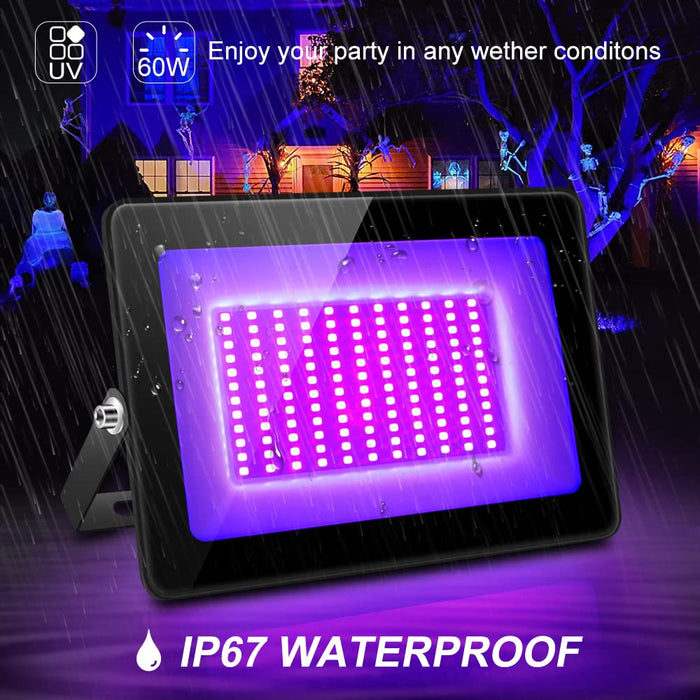 2 Pack 60W UV Flood Black Light, IP67 Waterproof High Power LED