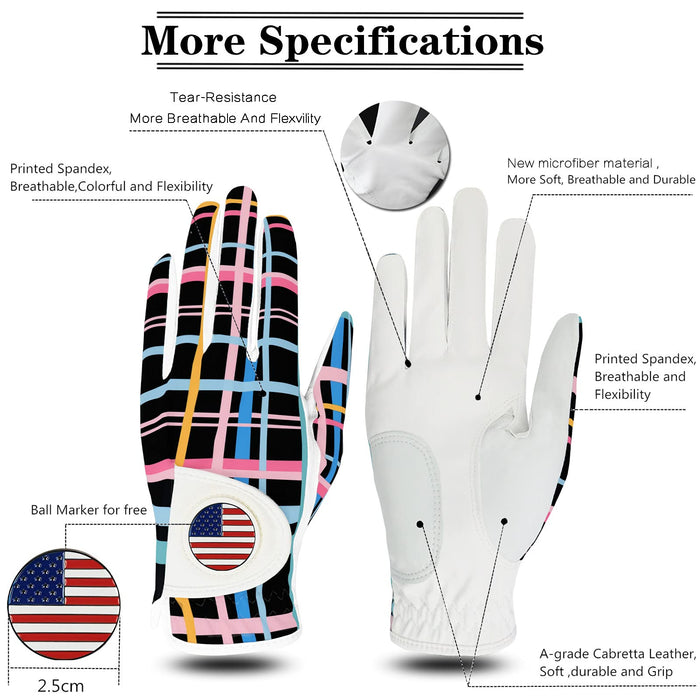FINGER TEN Golf Gloves Women Pair with Ball Markers Soft Leather Pair Both Hand All Weather Grip Non Slip Breathable Glove for Ladies Girls Size S M L XL