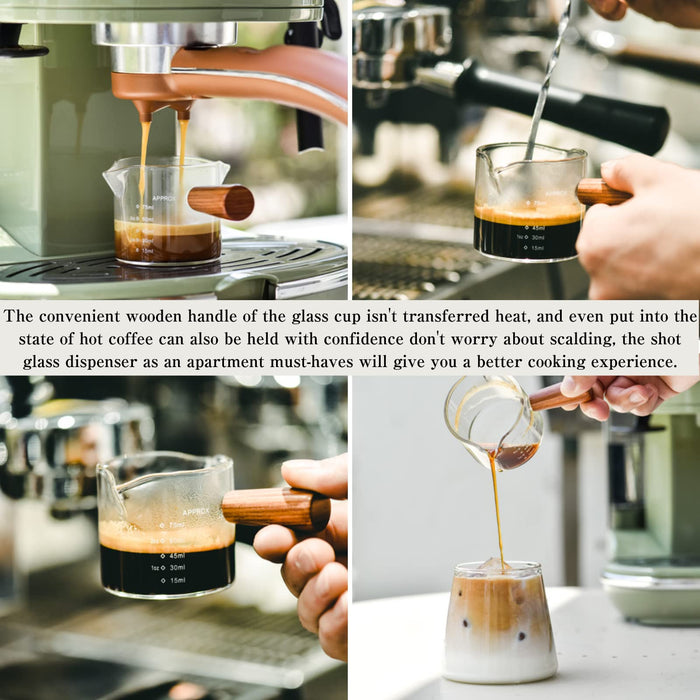 COFISUKI Espresso Shot Glasses 2.5oz Double Spouts Measuring Cup Espresso Accessories with Wood Handle for Barista Coffee Espresso Makin