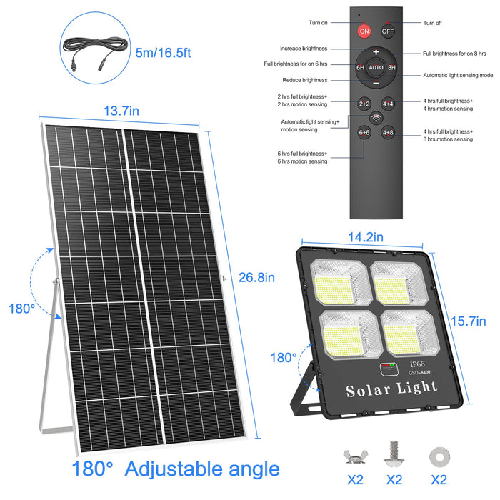 400W Solar Flood Lights Outdoor with Remote Control, 20000 LM Solar Street Light Motion Sensor Dusk to Dawn IP66 Waterproof 6500K Solar Powered Security Flood Lights for Garden, Garage, Pathway, Yard