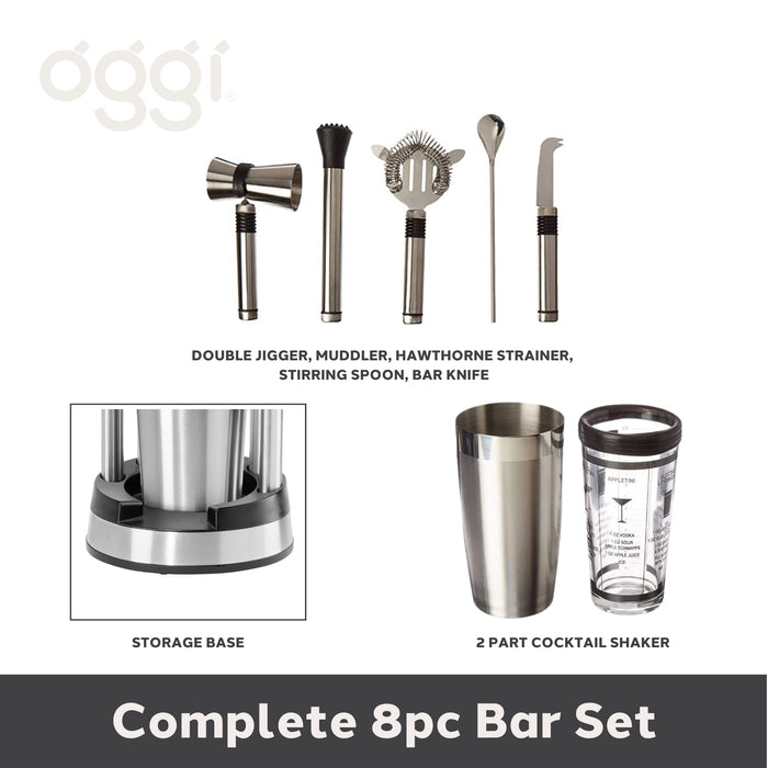 OGGI Compact Stainless Steel 8-Piece Bar Tool Set- Bartenders Kit w/Stand, Stainless Steel Cocktail Set, Ideal Bar Accessories