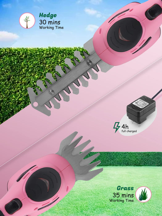 Lichamp 2-in-1 Electric Hand Held Grass Shear Pink Hedge Trimmer Shrubbery Clipper Cordless Battery Powered Rechargeable for Garden and Lawn, CGS3602PK Pink