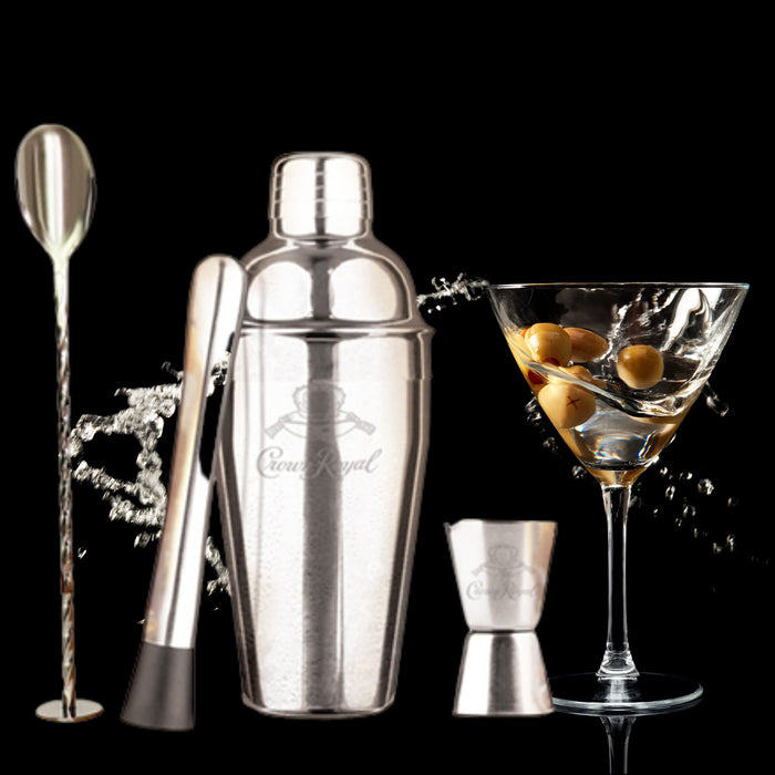 Crown Royal 4 Piece Stainless Steel Bar Tools Compatible | Perfect Home Bartenders Kit and Cocktail Shaker Set for an Awesome