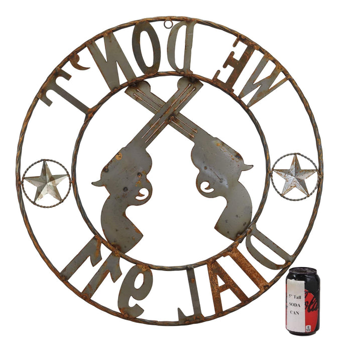 Ebros Oversized 24Diameter Round Wild West We Don't Dial 911 With 2 Crossed Six Shooter Guns Metal Wall 3D Art Sign Plaque West