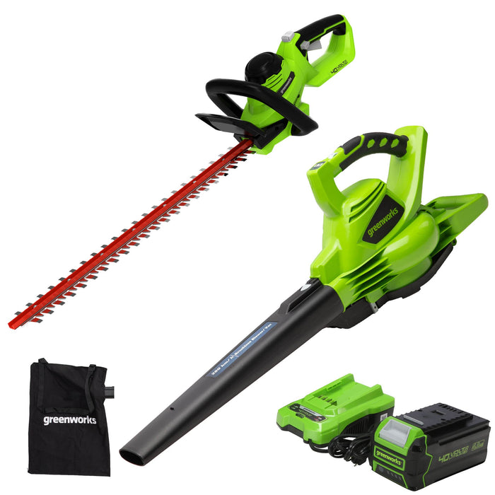 Greenworks 40V (185 MPH) Brushless Cordless Blower / Vacuum, 4.0Ah Battery and Charger Included 24322 with 40V Hedge Trimmer