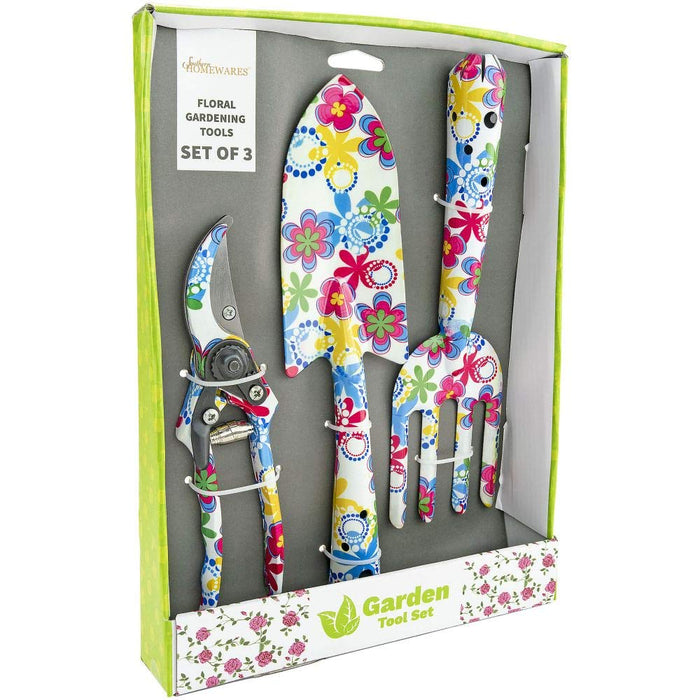 Southern Homewares Floral Design Gardening Tools, Set of 3 Clippers, Trowel, and Weeding Fork