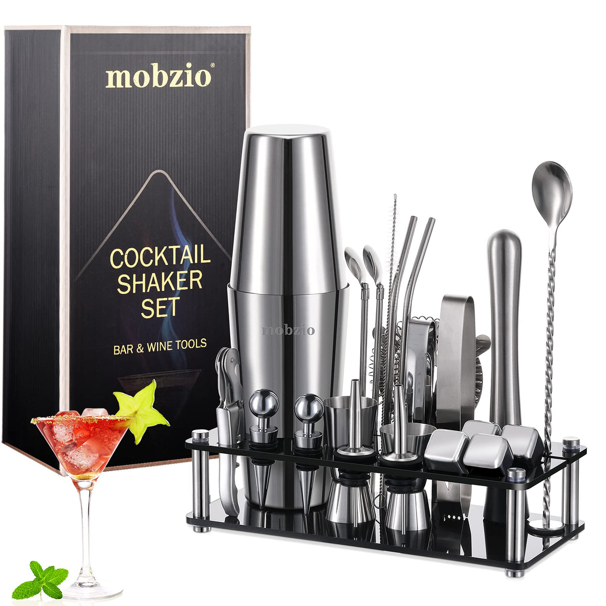 Cocktail Shaker Set, 23-Piece Stainless Steel Bartender Kit with Acrylic  Stand & Cocktail Recipes Booklet, Professional Bar Tools for Drink Mixing