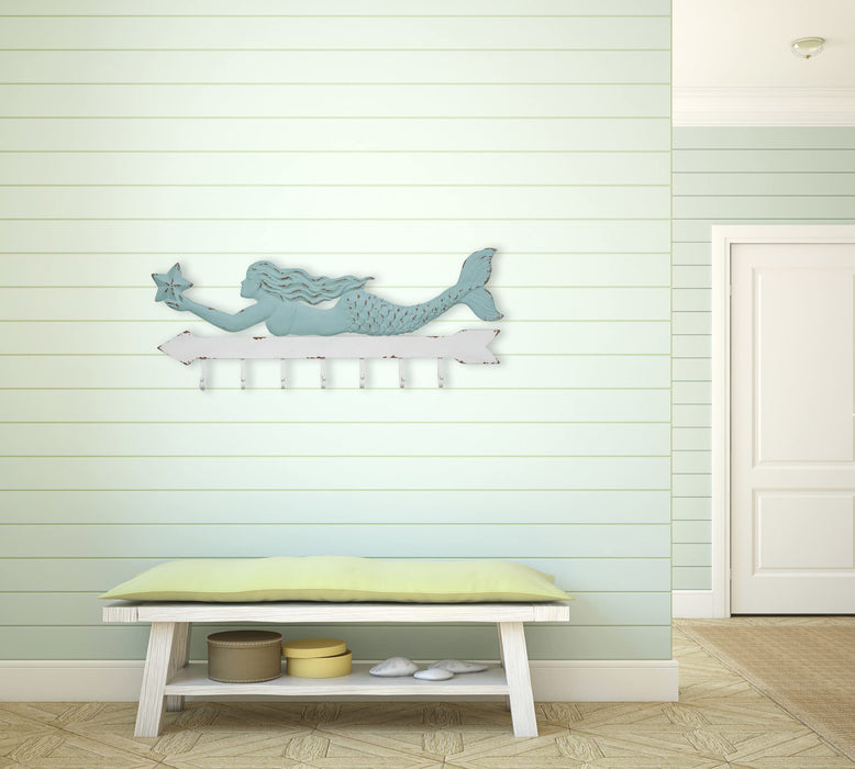 Creative CoOp Aqua & White Metal Mermaid Wall Dcor with 7 Hooks