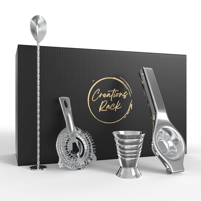 Creations Rack 4-Piece Cocktail Kit Set with Luxury  Box, Strainer, Measuring Jigger, Swizzle Spoon & Lemon Squeezer
