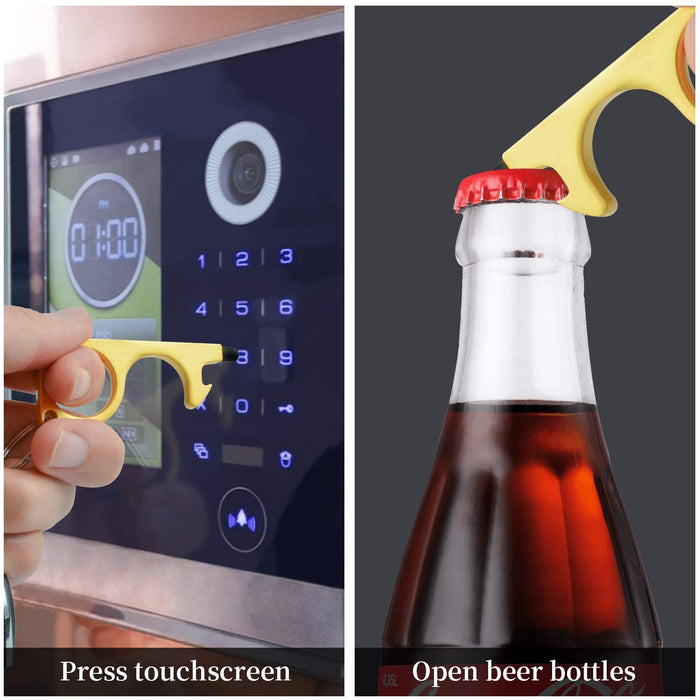 4 Pack No Touch Door Opener Tool & Button Pusher Keychain Tool with Stylus Tips, Bottle Opener and Duty Retractable Badge Holders