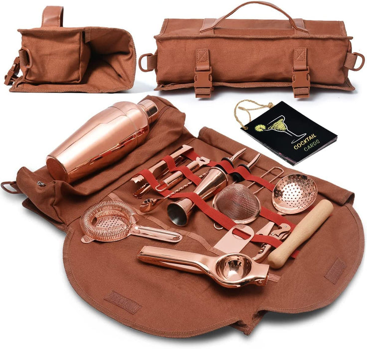 Travel Bartenders Kit with Bag | 17-Piece Copper Bar Tool Set & Portable Bar Bag with Shoulder Strap for Easy Carry and Storage