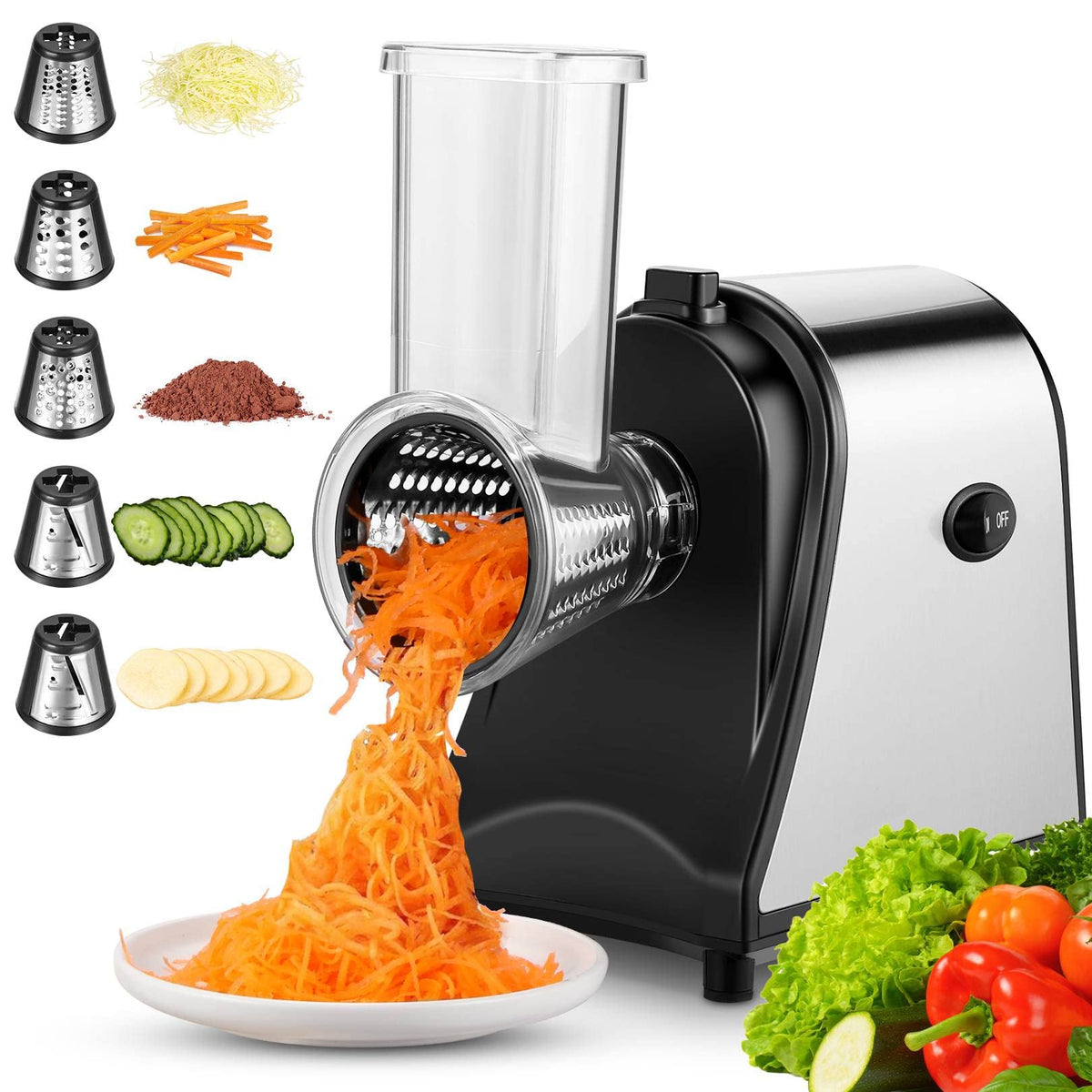 Electric Cheese Grater, 250W Multifunctional Vegetable Cutter for Home Use,  5 Stainless Steel Rotary Blades and One-Touch Control, Electric Salad