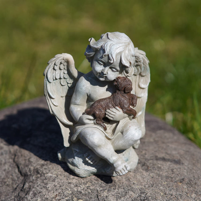 Angel Sculpture with A Little Dog in Arms, Garden Ceramic Statue, Angel Figurine Tabletop Decor, Angel with Wings Statue for Indoor Outdoor