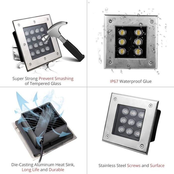 Square Buried Lamp IP67 Waterproof 12V Low Voltage LED Landscape Light for Gardens, Terraces, Pool Walkways, Architectural Lighting, for Garden Party Rockery (Color : Warm White, Size : 12V (9w))