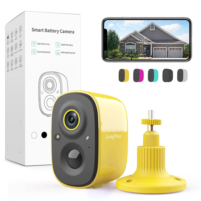 LongPlus Wireless Outdoor Security Camera, Battery Powered Cameras for Home Security Wireless WiFi with Night Vision, Motion Detection,Siren Alarm,Spotlight,2Way Audio (Yellow)
