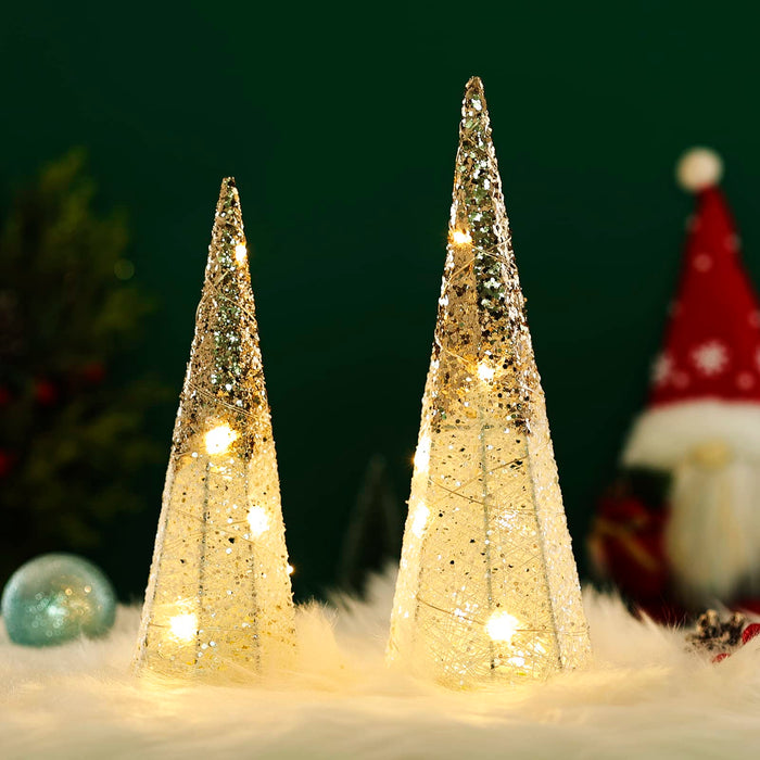 Christmas Decorations Indoor, 2 Pcs Sparkling Glass Christmas Tree Table Decorations with LED Lights, Lighted Xmas Tree Decorations with Timer for HOM