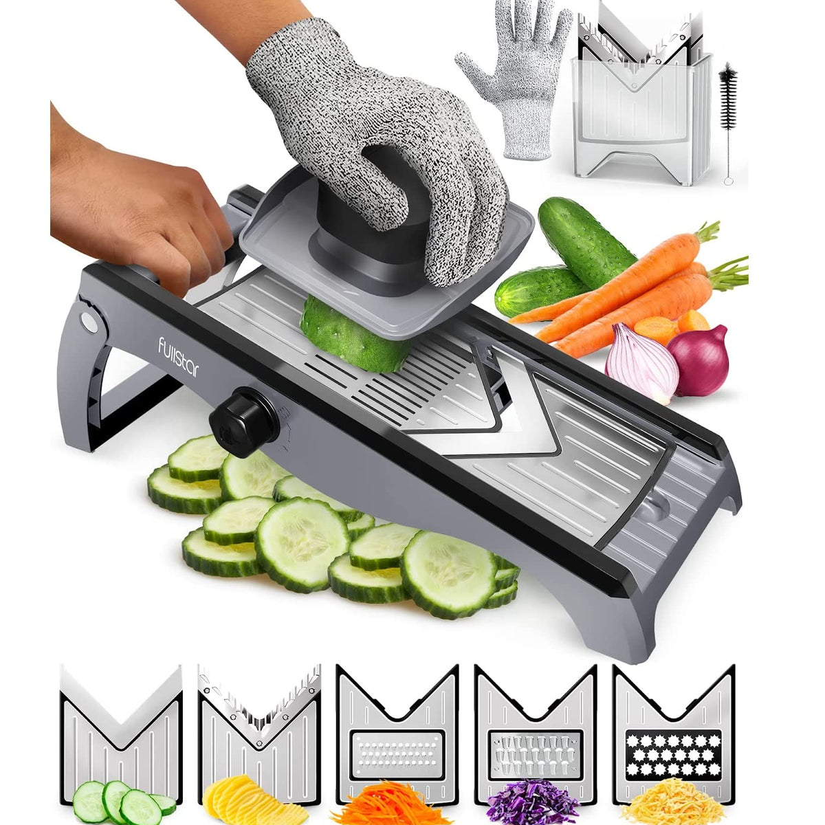 Fullstar 6-in-1 Mandoline Slicer For Kitchen, Cheese Grater, Vegetable  Spiralizer and Veggie Slicer for Cooking & Meal Prep (Kitchen Gadgets  Organizer & Safety Glove Included), Gray/Green 