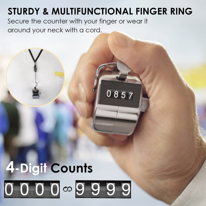 KTRIO Metal Handheld Tally Counter 4-Digit Number Count Clicker Counter, Hand Mechanical Counters Clickers Pitch Counter for Coaching, Knitting, People, Lap, Fishing, Golf and Row, 2 x 1.85 in, Silver