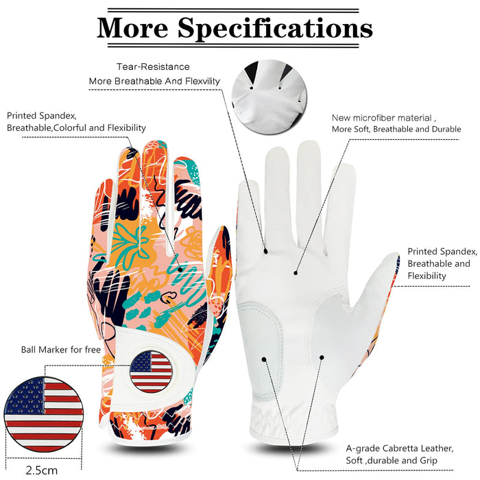 FINGER TEN Golf Gloves Women Right Handed Golfer Left Hand with Ball Marker USA Ladies Breathable Soft All Weather Extra Grip Printed Pattern Color Size S M L XL
