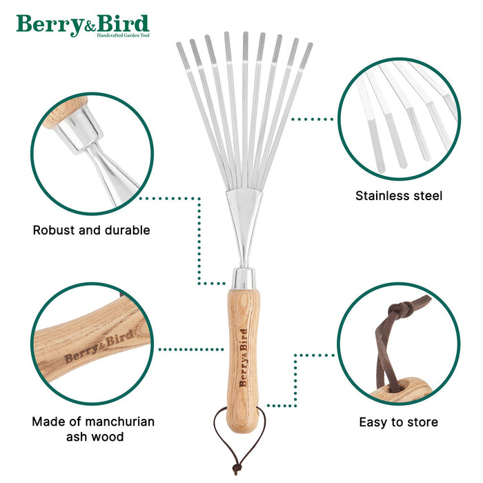 Berry&Bird Gardening Hand Shrub Rake, 14.7" Stainless Steel Grass Rake, 9 Tines Fan Lawn Leaf with Ergonomic Wooden Handle, Small Hand Rake for Sweep Leaves & Loose Debris in Garden, Lawns and Yards