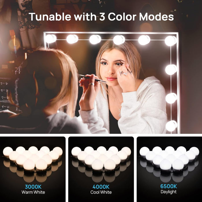 LED Vanity Lights For Mirror, Consciot Hollywood Style Lights With 14  Dimmable Bulbs, Adjustable Color & Brightness, USB Cable, Mirror Lights  Stick on
