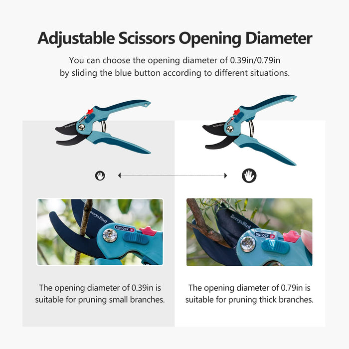 Berry&Bird Garden Pruning Shears, 8.7" Bypass Hand Pruner Shears, Adjustable Size Scissors with SK5 High Carbon Steel Blades, Flower Clippers Secateurs with Safety Lock for Pruning Flowers, Branches