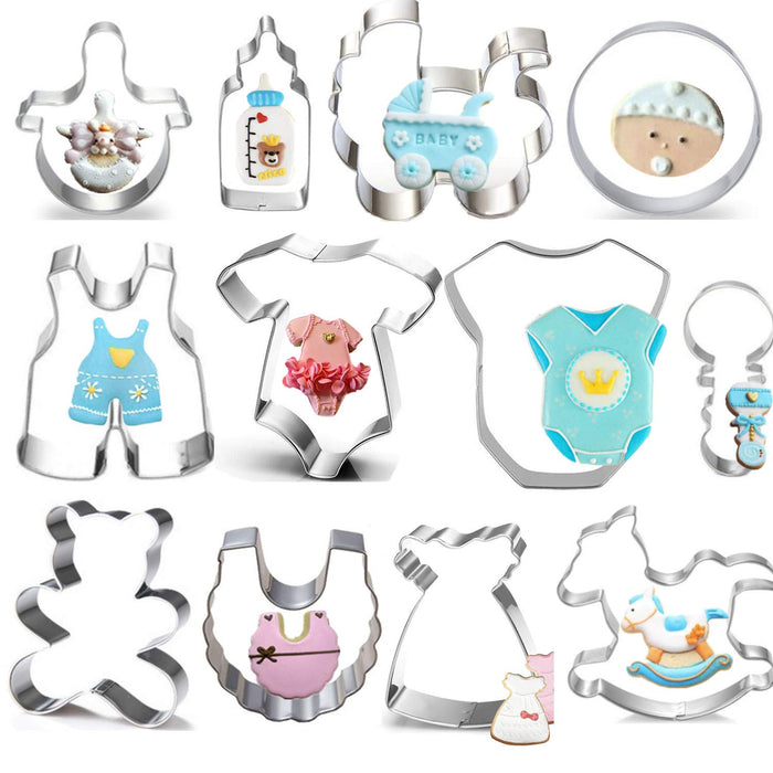 Uniqus Baby Cookie Cutter Set 12 Piece Baby Cookie Cutters for Kids Teddy Bear,Onesies,Bib,Rattle,Bottle,Baby Carriage