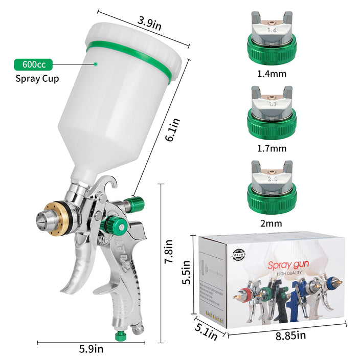 HVLP Gravity Feed Air Spray Gun Professional Air Paint Kits with 3 Nozzles 1.4/1.7/2mm Nozzle and 600cc Cups