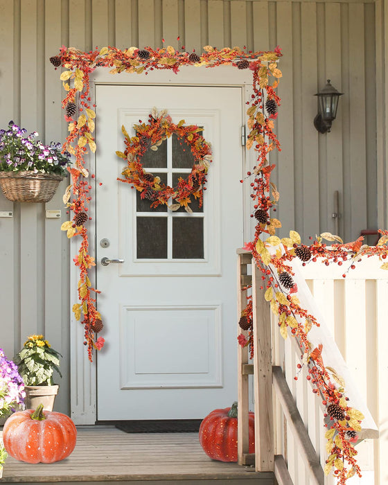 DDHS Fall Garland with Lights, 6Ft Artificial Fall Maple Leaves Garland Pine Cones, and Red Berries for Mantle - Porch - Fireplace Thanksgiving Garland for Halloween Indoor Outdoor Wall Autumn Decor