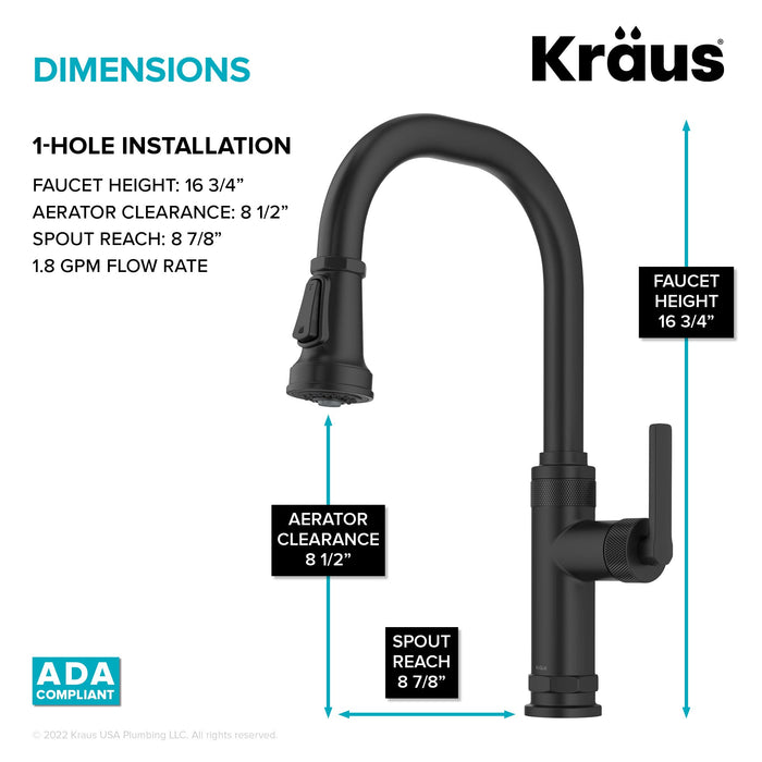 KRAUS Allyn Industrial Pull-Down Single Handle Kitchen Faucet in Matte Black, KPF-4102MB