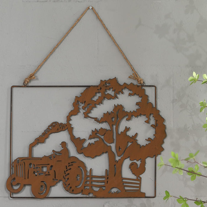 Wenbery Farmhouse Metal Tractor Wall Art Decor with Tree Rooster, Rustic Farm Sign with Hemp Rope Hanging for Kitchen, Bedroom