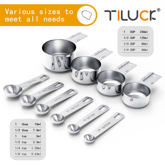 TILUCK measuring cups and magnetic measuring spoons set, stainless steel  measuring cups, 6 double-sided stainless steel measuring spoons & 1 leveler